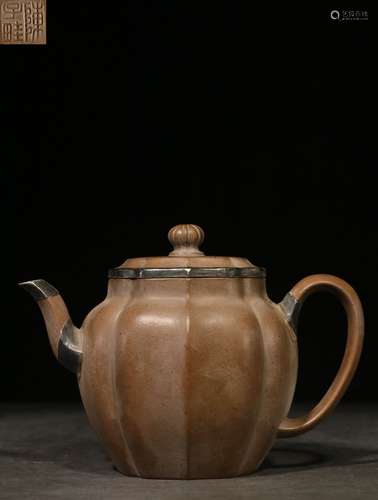 YIXING ZISHA SILVER ENCLOSED LOBED TEAPOT