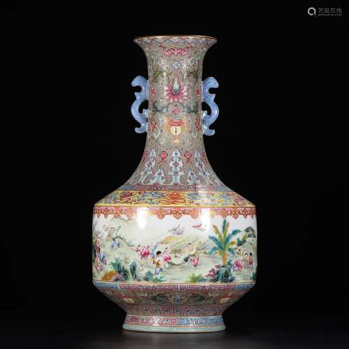 FAMILLE ROSE AND GILT 'CHILDREN' VASE WITH TWO HANDLES