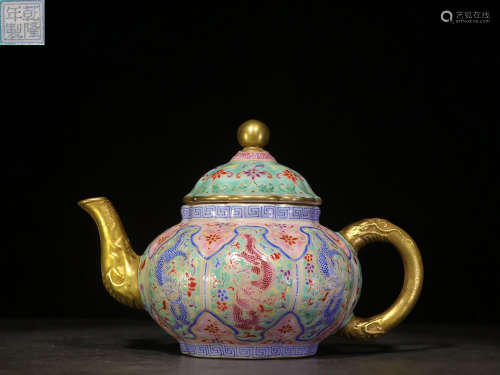 FAMILLE ROSE AND GILT 'DRAGONS' LOBED TEAPOT