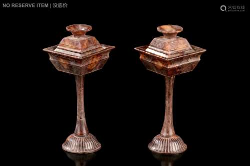 PAIR OF JADE CARVED CANDLE HOLDERS