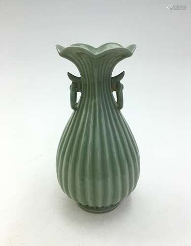 LONGQUAN WARE LOBED VASE WITH FLORIFORM RIM AND HANDLES