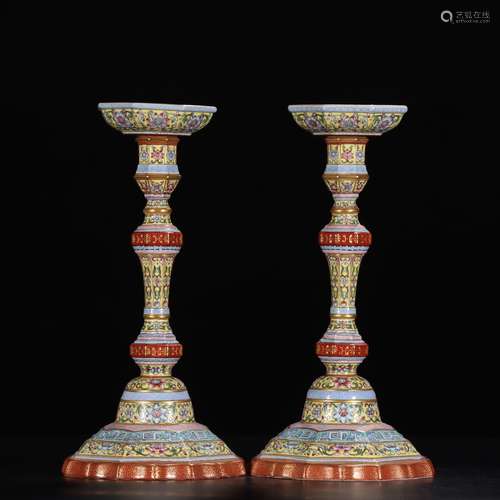 PAIR OF FAMILLE ROSE YELLOW GROUND CANDLE HOLDERS