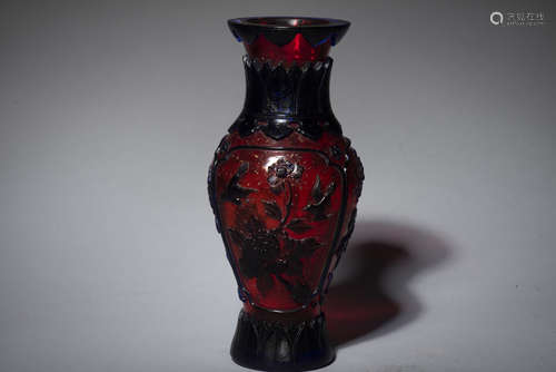 BLUE OVERLAY RED GLASS 'FLOWERS AND BIRDS' VASE