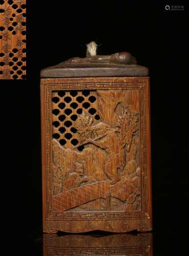 BAMBOO OPENWORK CARVED 'PEOPLE' INCENSE STORAGE WITH COVER
