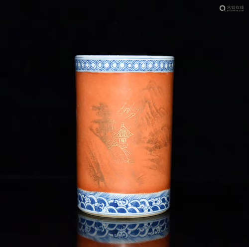 A CHINESE BLUE AND WHITE IRON RED GILD LANDSCAPE PORCELAIN BRUSH POT