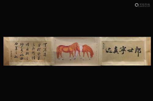 LANG SHINING: INK AND COLOR ON PAPER HAND SCROLL 'HORSES AND CALLIGRAPHY'