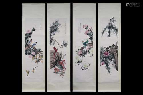 JIANG HANTING: SET OF FOUR INK AND COLOR ON PAPER PAINTINGS 'FLOWERS AND BIRDS'