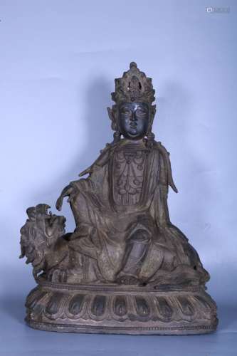 BRONZE CAST 'GUANYIN AND MYTHICAL BEAST' FIGURAL GROUP