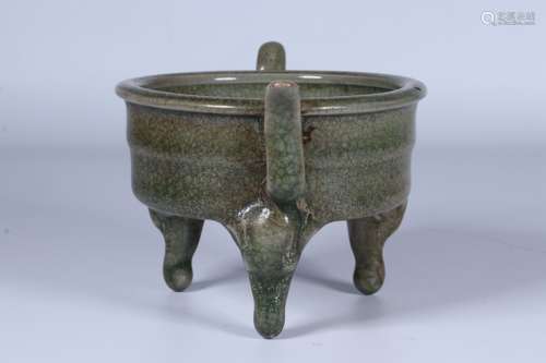 GREEN GLAZED TRIPOD CENSER WITH HANDLES