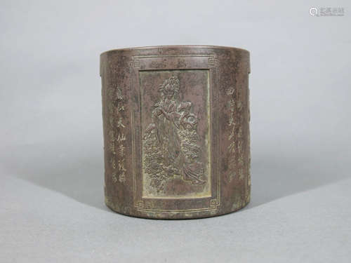 A CHINESE FIGURE PAINTED PURPLE SAND BRUSH POT