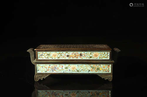 CLOISONNE ENAMELED 'EIGHT TREASURES' RECTANGULAR INCENSE BURNER WITH HANDLES AND LID