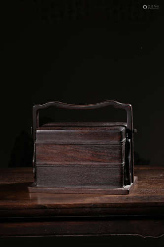 ZITAN WOOD CARVED THREE-TIER BOX WITH LIFTING HANDLE