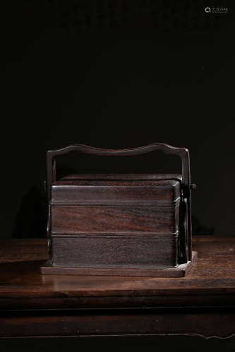 ZITAN WOOD CARVED THREE-TIER BOX WITH LIFTING HANDLE