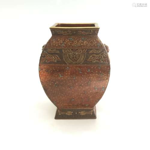 COPPER RED GLAZED ARCHAIC STYLE RECTANGULAR VASE