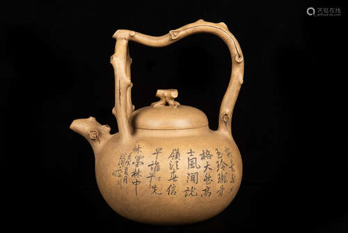 YIXING ZISHA 'FLOWERS AND BIRDS' LIFTING HANDLE TEAPOT