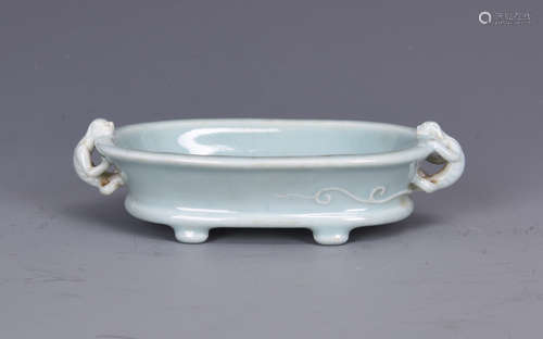 CELADON GLAZED COMPRESSED CENSER WITH MYTHICAL BEAST HANDLES