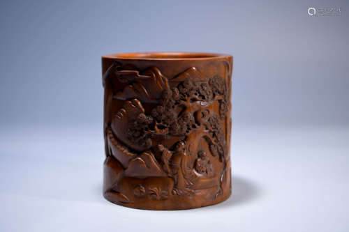 A CHINESE CARVED BOXWOOD BRUSH POT