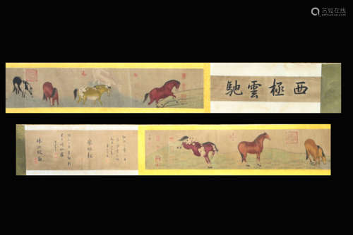 ZHAO MENGFU: INK AND COLOR ON PAPER HANDSCROLL 'HORSES'