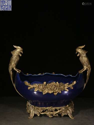 MONOCHROME BLUE GLAZED AND GILT BRONZE CAST PARROTS FRUIT BOWL