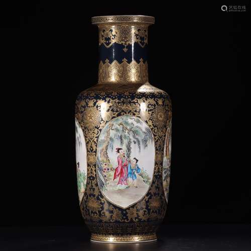 FAMILLE ROSE AND GILT 'FATHER AND CHILDREN' OPEN MEDALLION VASE