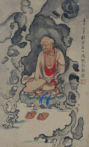 A CHINESE BODHIDHARMA PAINTING SILK SCROLL, FENG CHAORAN MARK