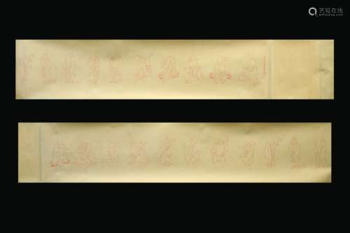 MASTER HONG YI: RED INK ON PAPER 'EIGHTEEN ARHAT' HAND SCROLL