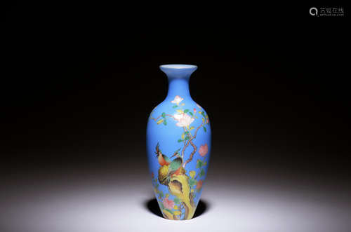 ENAMELED 'FLOWERS AND BIRDS' GLASS VASE