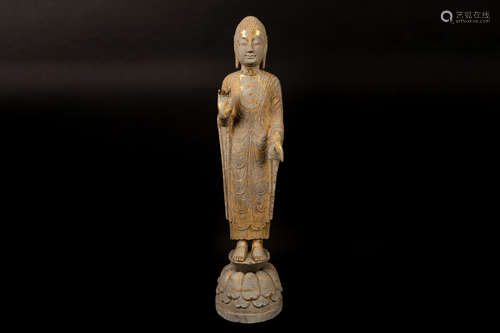 PARCEL GILT STONE SCULPTURE OF BODHISATTVA