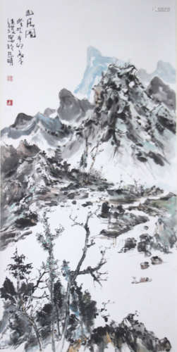 INK AND COLOR ON PAPER PAINTING 'LANDSCAPE SCENERY'
