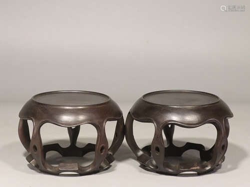 PAIR OF ZITAN WOOD CARVED DRUM SHAPED STANDS