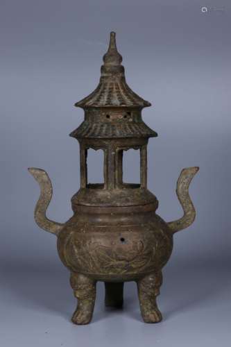 GILT BRONZE CAST 'PAGODA' TRIPOD CENSER WITH HANDLES