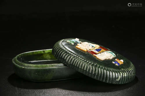 A CHIENSE GEM INLAID GREEN JADE BOX WITH COVER