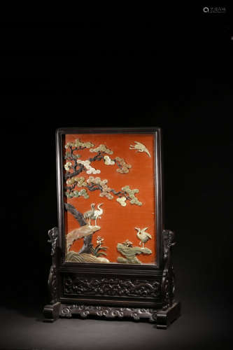 A CHINESE SHOUSHAN STONE INLAID WOODEN LACQUERWORK TABLE SCREEN