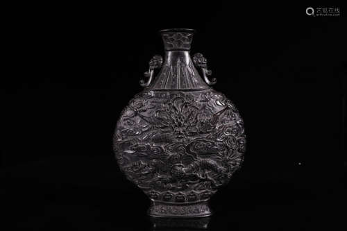 A CHINESE DRAGON CARVED RED SANDALWOOD FLOWER VASE