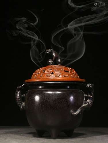 ZITAN WOOD CARVED 'CHILONG' TRIPOD INCENSE BURNER WITH LID