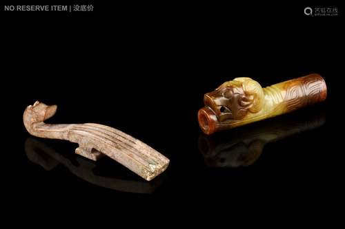 TWO ARCHAIC JADE CARVED ORNAMENTS