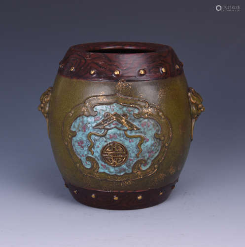 TEADUST GLAZED DRUM SHAPED JAR WITH HANDLES