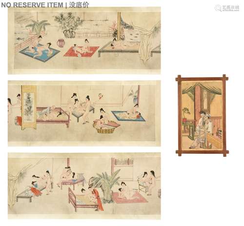 HORIZONTAL SCROLL AND FRAME PAINTING OF EROTIC SCENES