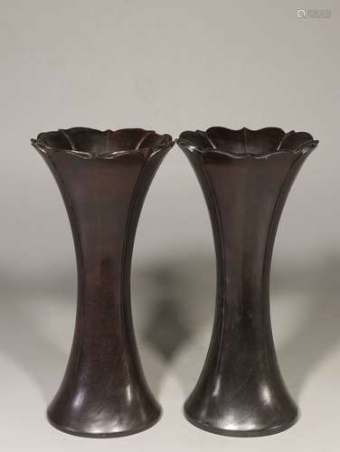 PAIR OF ZITAN WOOD CARVED FLORIFORM RIM VASES, GU