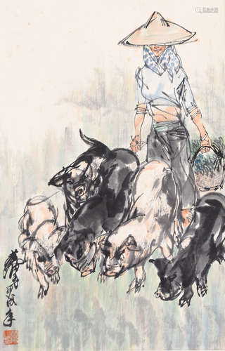 INK AND COLOR ON PAPER PAINTING 'FARMER AND PIGS'