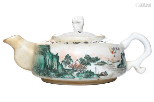 A CHINESE FAMILLE ROSE LANDSCAPE PORCELAIN KETTLE