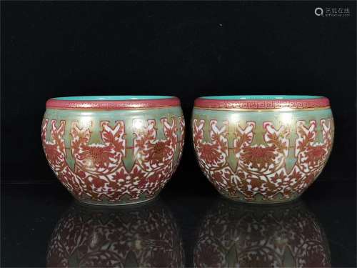 A Pair of Chinese Iron-Red Glazed Porcelain Cups