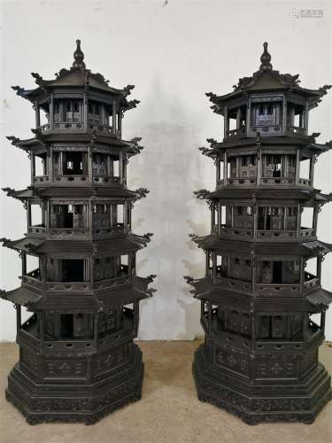 A Pair of Chinese Carved Hardwood Pagodas