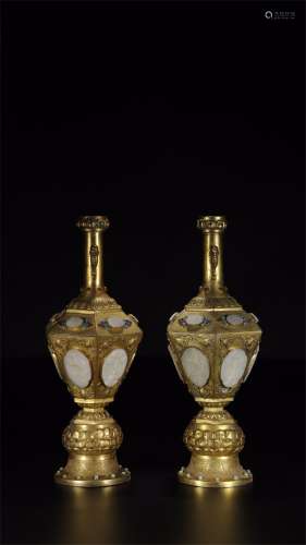 A Pair of Chinese Gilt Bronze Vases with Jade Inlaid