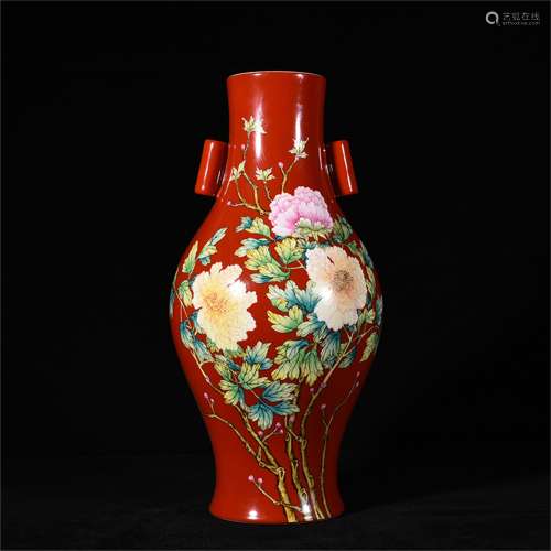 A Chinese Red Ground Enamel Glazed Porcelain Vase