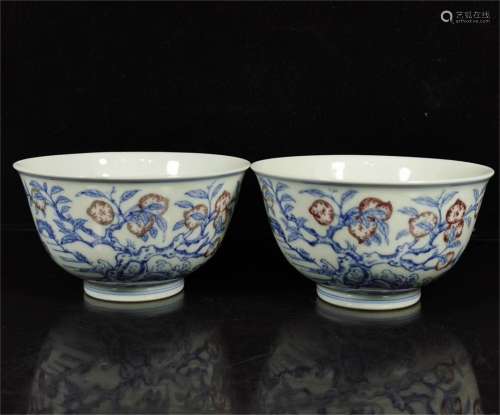A Pair of Chinese Iron-Red Glazed Blue and White Porcelain Bowls