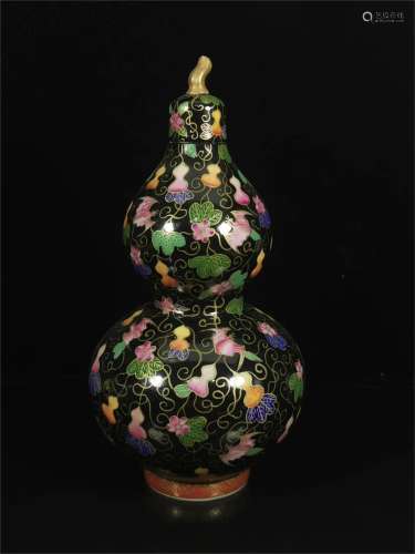 A Chinese Black Ground Famille-Rose Porcelain Double Gourd Vase