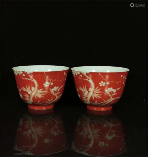 A Pair of Chinese Red Ground Porcelain Cups