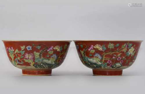 PAIR OF RED-GROUND ENAMELED