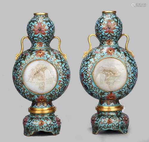 CLOISONNE ENAMELED JADE INLAID DOUBLE-GOURD VASES